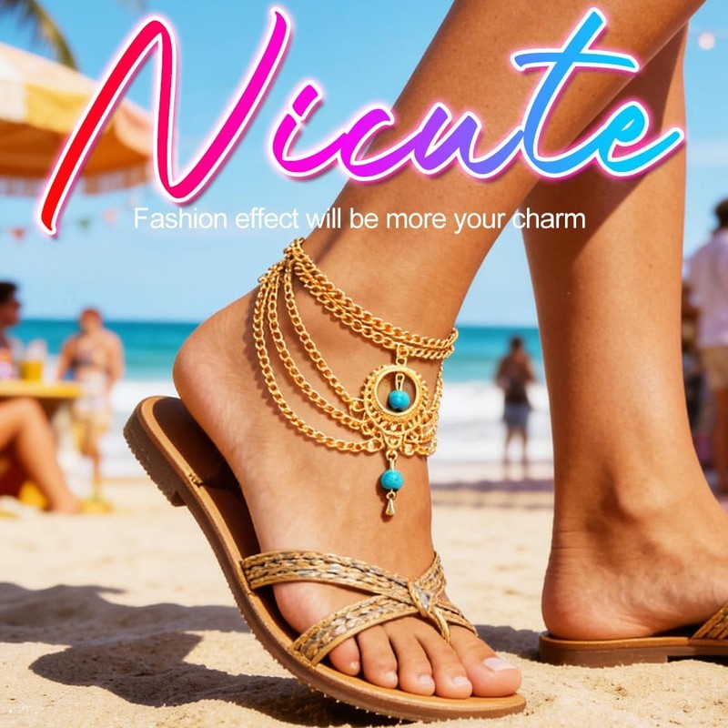 Nicute BohoTurquoise Anklet Gold Ankles Layered Foot Jewelry for Women