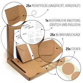 Japun - 25 Pocketfold Blank Kraft Paper Cards with Envelopes (DIN B6), Wedding, Invitation, Design, Write, etc.