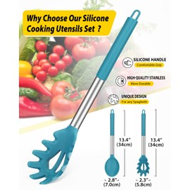 Silicone Pasta Fork and Cooking Spoon Set, Non Stick Kitchen Utensils for Cooking,Stirring,Serving Spaghetti, Soup, Sauce (BLUE)