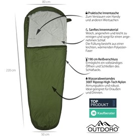 Outdoro Ultralight Sleeping Bag 800 g - Small Pack Size - Lightweight, Thin and Warm - Ideal Summer Sleeping Bag, Mummy Sleeping Bag for Men, Women, Adults (Green)