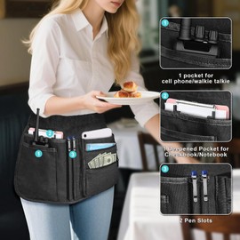 KIFFRIDE Professional Waitress Server Apron with Multiple Pockets, Restaurant Uniform, Black, One Size