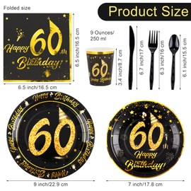 durony 60th Birthday Plates and Napkins Set 60th Birthday Party Supplies Tableware Set Plates Cups Napkins Cutlery Plastic Tablecloth for 60th Birthday Anniversary Party Decor Total 170 Pieces