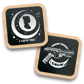 Space Wars Inspired Couples Coaster Set | Wooden Coasters With Engraved Metal Inlay | His and Hers Gift | Wedding, 5th Wooden Anniversary | I Love You/I Know Design | Set of 2