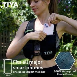 TIYA Hi Vis Running Vest with Water Bottle & Safety Light - Waterproof Phone Holder Vest, Lightweight, Hi Vis Reflective Runners Gear for Women & Men - Adjustable - 5 Pockets - Black