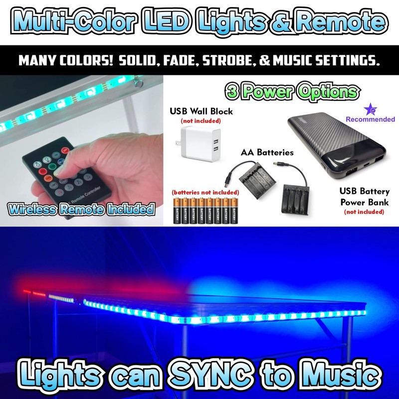 PARTYPONG 8-Foot Folding Party Table w/Music Sync LED Lights, Free