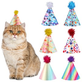 6Pcs Mini Party Hats for Stuffed Animals, Multi-Color Dog Birthday Hats Adjustable Cat Party Hat with Pompons, Small Party Hats for Kittens, Rabbits, Small Animals