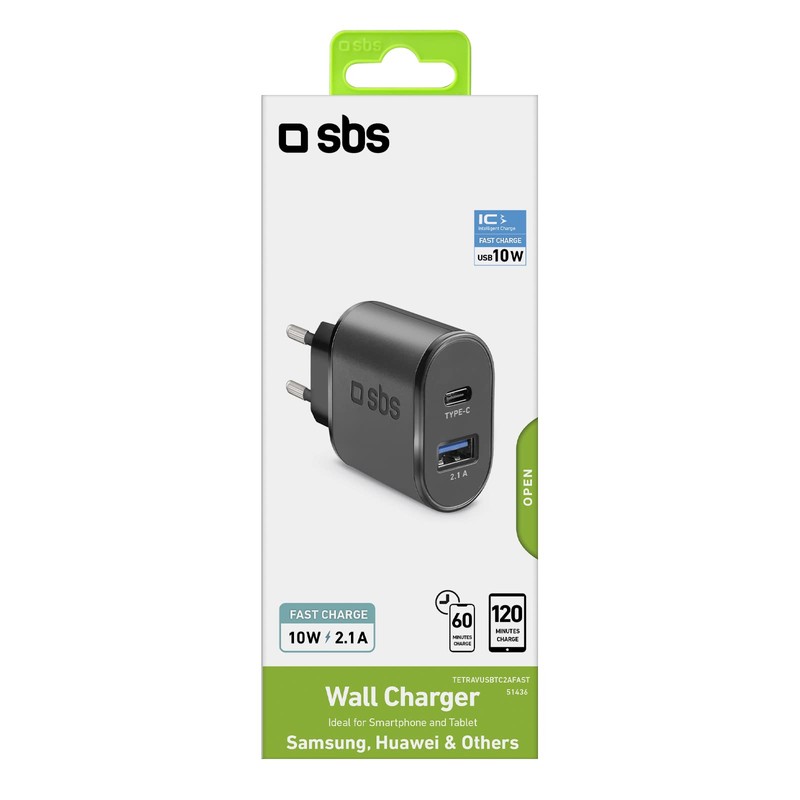 Travel Charger 1 USB 2.1 A + Type C Outp