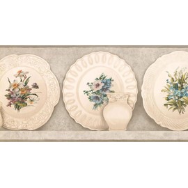 CONCORD WALLCOVERINGS ™ Wallpaper Border Vintage Pattern Plates Vases Floral Ornaments for Cottage Kitchen Dining Room, Beige, 15 ft by 9.5 in KT8552B
