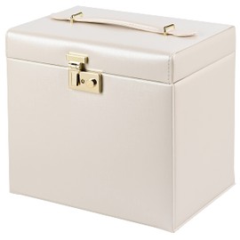 SANSREPONSE Jewelry Box Large Organizer Faux-Leather with Mirror Drawers Lock Three Sizes Gift for Women (White-L)