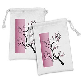 Lunarable Japanese Fabric Pouch Set of 2, Sakura Tree Japanese Cherry Blossom Drawing Design Contrasting Colors Print, Small Drawstring Bag for Toiletries Masks and Favors, 9" x 6", Pink Black White