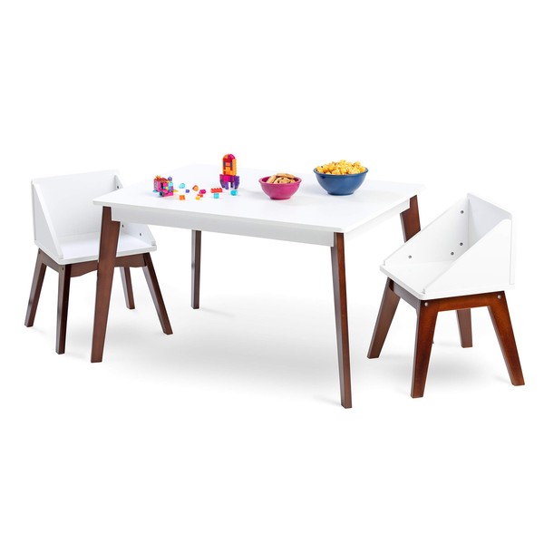 Wildkin Kids White Modern Table and Chair Set for Boys and Girls, Mid-Century Modern Activity Table Set Includes Two Matching Blue Chairs, Features Stain-Resistant Top and Solid Natural Wood Legs