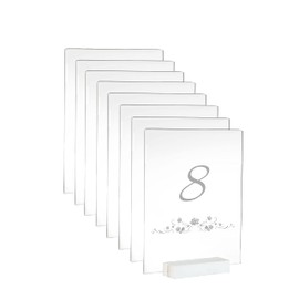 Ilyapa Acrylic Sign Holders with White Wood Stands, 8 Pack - Small 5x6 Inch Blank Table Numbers Set for Wedding