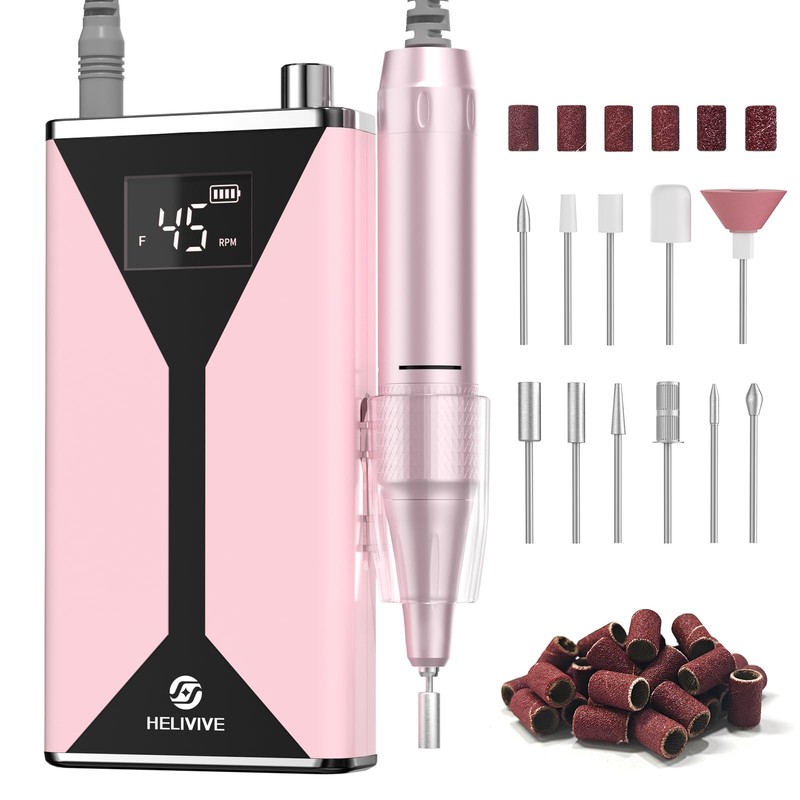 HELIVIVE Professional Electric Nail Drill 45000RPM (Portable & Rechargeable) (with