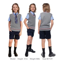 BOBOYOYO Boys Sweater Vest Unisex Cable Knit 100% Cotton Toddler Uniform Vest for Little Big Teen Boy Girls Childrens Kids Gray