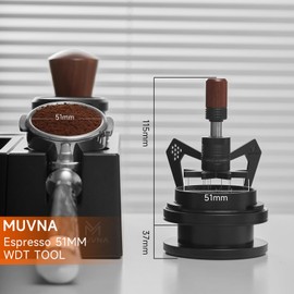 MUVNA 51MM Espresso WDT Distribution Tool, 10 Needles Coffee Stirrer Distributor, Rotary Espresso Stirrer with Dosing Funnel & Aluminum Alloy Brush Stand & Wooden Handle