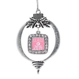 Inspired Silver - Pink Class of 2016 Silver Christmas Ornament - Square Charm Christmas Tree Ornament with Cubic Zirconia - Holiday Hanging Decoration