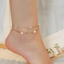 White Shell Heart Anklet Pearl Double Layers Love Hearts Anklets Adjustable Stackable Stainless Steel for Women Delicate Foot Chains Jewelry