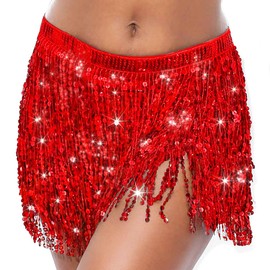 GEMILY - Falda de danza del vientre con borlas y lentejuelas para mujer, Rojo -, One Size