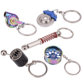 FEBRYTOLD 5 Pcs Car Parts Model Key Chains - Colorful Turbo, Black Manual Gearbox, Tire Rim, Blue Brake Rotor, Red Spring Shock-absorber Keychains