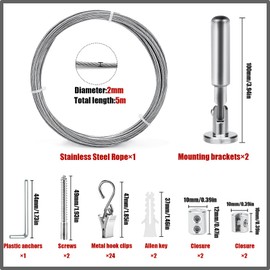Erzekrim 5 m Stainless Steel Curtain Rope Heavy Duty Wall Mount Set Curtain Rope Washing Line with 24 Pieces Metal Clips Hooks for Shower Curtains (Silver, with Metal Clip)