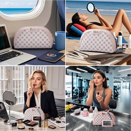 Small Makeup Bag for Purse Cosmetic Bag: Checkered Make up Bag for Women - Cute Preppy Skincare Bags for Evening - Waterproof Travel Pouch for Toiletry Organizer with Mirror & Zipper(012-Pink)