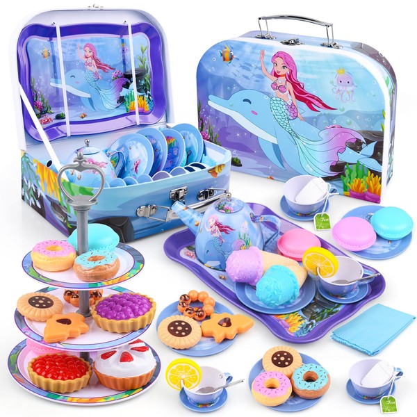 Auney 36PCS Tea Set for Little Girls,Girl Toys Age 3 4 5 6 Years Old,Birthday Gift Ideas for 3 Year Old Girl,Kid’s Kitchen Pretend Toy with Tin Tea Set,Desserts & Carrying Case (Mermaid Toy)