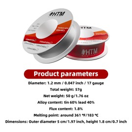 HTM Industrial Solder Wire 1.2mm (50g) High-Temp Flux Core - 60/40 Tin Lead Alloy for Thick Cables & Sheet Metal