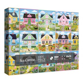 Sea Canvas Jigsaw Puzzle 1000 Piece for Adult Summer Nature, Beach Colorful House Landscape Art Jigsaw Puzzles, Pretty Ocean Scenic Garden Flower Collage Puzzles
