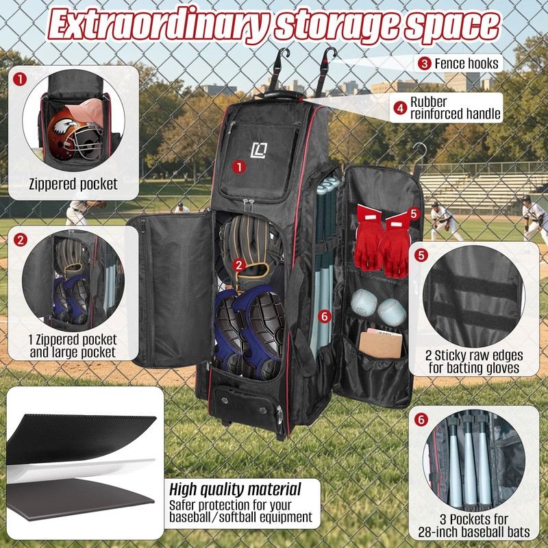 71L Rolling Baseball Bag with Wheels for 7 Bats,Softball Bag