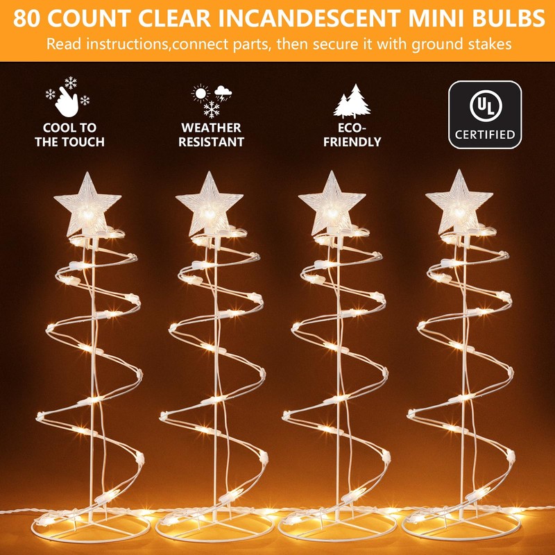 4 Packs Outdoor Spiral Lighted Christmas Trees, Warm White Spiral