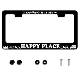 UNINDREM Camping is My Happy Place License Plate Frame Mountains Stainless Steel License Plate Frame Auto Parts Decoration with Screws License Plate Holder for Men Women 12x6 Inch