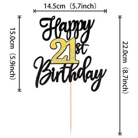ZHUOWEISM 1 decoración de pastel de feliz 21 negro y dorado con purpurina para 21 años de 21 fabulosas decoraciones para tartas para feliz 21 aniversario fiesta suministros de decoración de pasteles