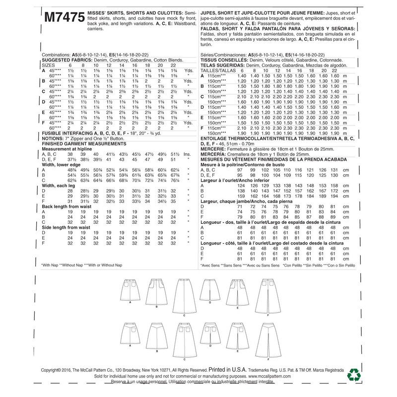 McCall's Patterns 7475 A5,Misses Skirts,Shorts and Culottes,Sizes 6-14, Tissue Multi-Colour,