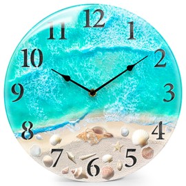 Coastal Nautical Glass Wall Clock with Seashell Design and Aesthetic Beach Theme - Battery Operated Silent Wall Decor for Home, Kitchen, Living Room, Office, Bedroom, or Bathroom (12 Inch,Teal)