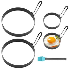 CAREDGO Set of 4 Fried Egg Moulds Stainless Steel Round Egg Moulds 9/15 cm Pancake Mould Pancake Egg Ring Omelette Mould Egg Rings with Folding Handles and Oil Brush for Fried Eggs Sandwiches Pancakes