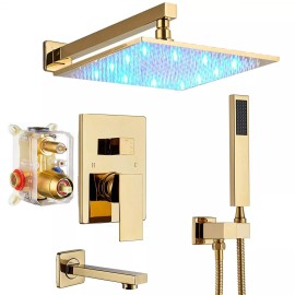 BWE Gold Shower Faucet Set System Led 12" Rainfall Head Combo 3 Function Mixer Valve