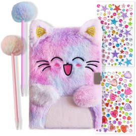 Belegao Secret Diary with Lock for Girls, Fluffy Journal with Lock Keys Pen Rhinestone Stickers Plush Secret Diary Notebook Set for Home School Travel Writing (Smile Cat Purple Tie-Dye)