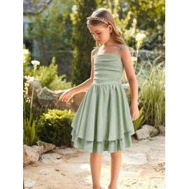 Ohrwurm Little Girls Summer Spaghetti Straps Smocked Ruched A Line Swing Dress Princess Birthday Pageant Formal Party Double Layered Flowy Dresses Homecoming Dress for Teens Green 12 Years