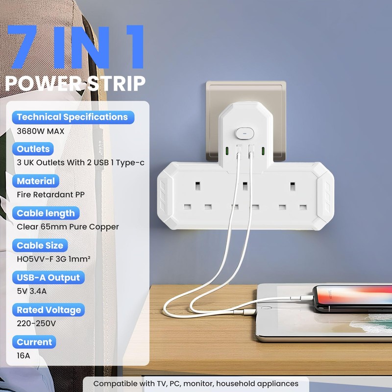 Multi Plug Adapter with USB C, 3 Way Plug Adaptor