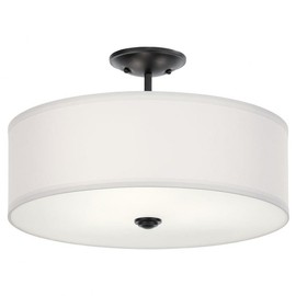 Kichler, Shailene 18.25" 3 Light Round Semi Flush with Satin Etched White Diffuser and White Microfiber Shade in Black, 43692BK