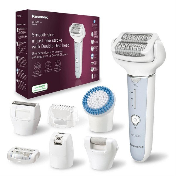 Panasonic ES-EY90-A503 Wet/Dry Epilator, Dual Disc with 60 Tweezers, 90° Swivel Head, 3 Speeds & LED Light, 30 Minutes Operation, Wireless, Hair Remover, Scissors and Foot Care Head