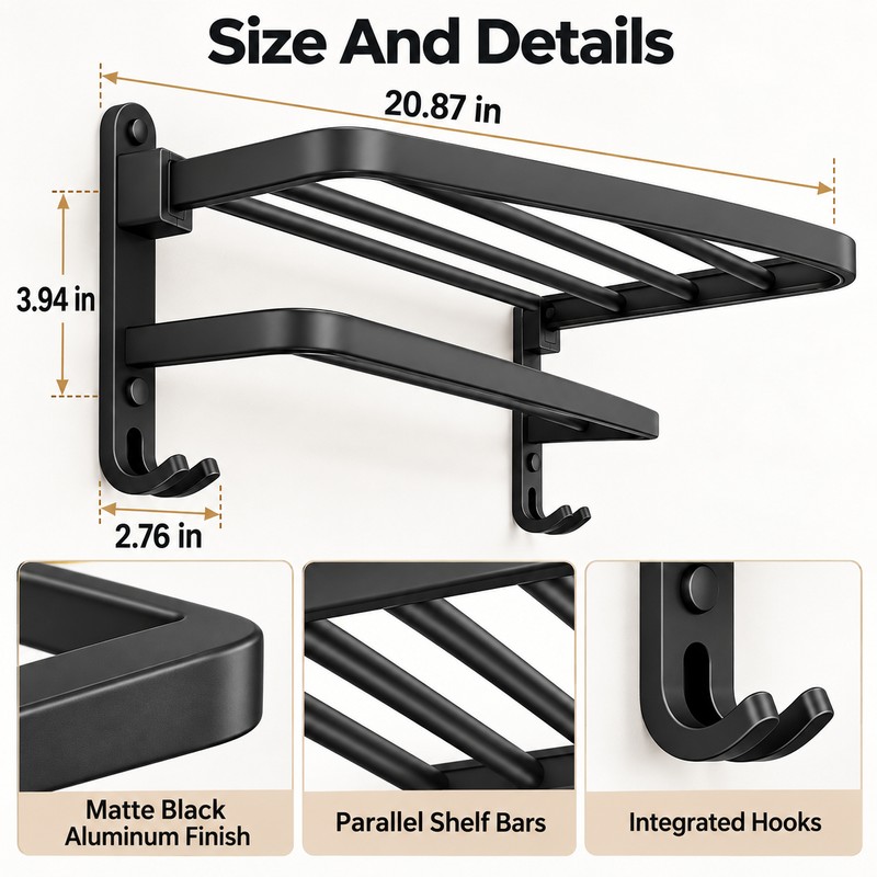 Matte Black 50CM Folding Towel Rack – Wall-Mounted Aluminum Towel