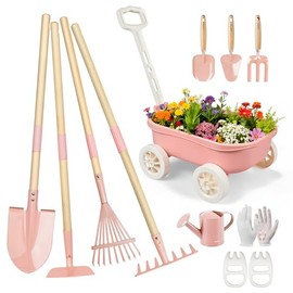 Grenebo Kids Gardening Set with Wheelbarrow, 11-Piece Outdoor Yard, Beach, STEM Garden Play Kit with Child-Sized Tools, Durable, Safe & Fun Gift Toy for Ages 2+ Kids Toddlers Boys Girls (Pink)