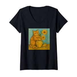 Womens Sunflowers Orange Tabby Cat Famous Artist Painting Novelty V-Neck T-Shirt