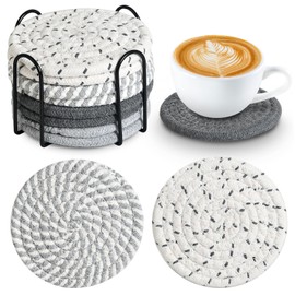 Set of 8 Coasters for Drinks, Round Woven Coaster Cotton Woven Coaster,Absorbent Drink Coasters,Handmade Braided Fabric Coasters,Water Absorbent Coaster Set with Holder