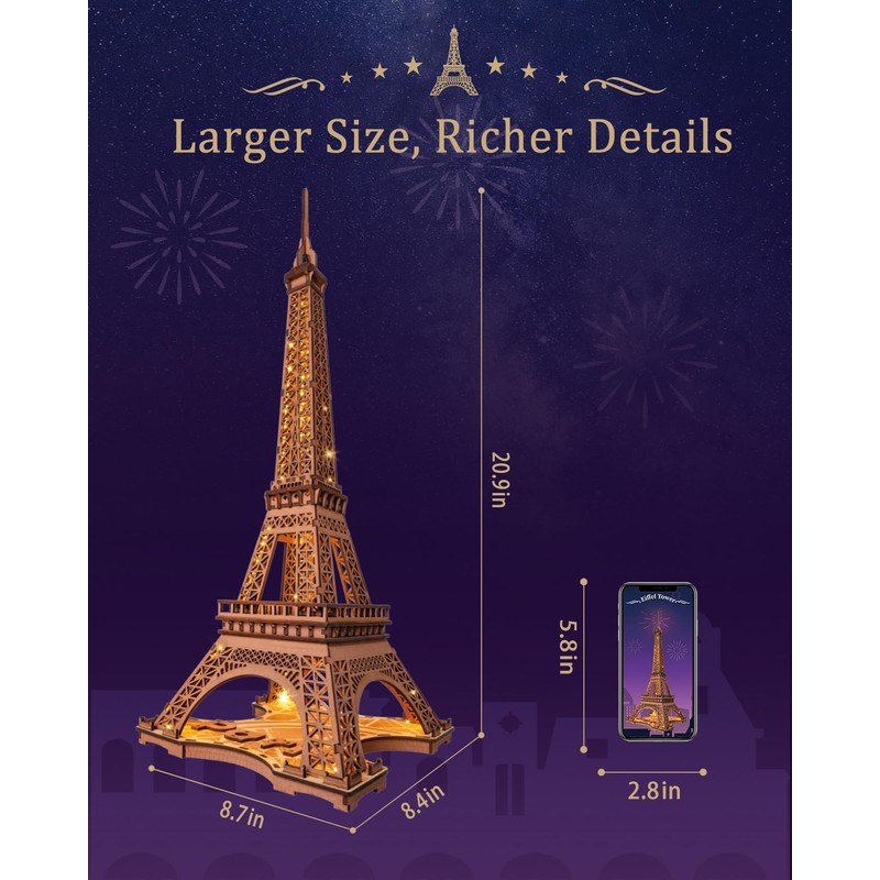 Rolife 3D Wooden Puzzles for Adults, Large Eiffel Tower Set-LED