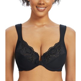 Exclare Front Closure Bra for Women Plus Size Full Coverage Underwire Unpadded Lace Comfortable Brassiere(Black, 42DD)