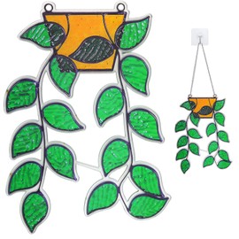 BelleVive Stained Glass Hanging Window 17 Leaf Plant Stained Glass Hanging Window Real Stained Glass Hanging Stained Glass for Windows Stained Glass Suncatcher Stained Glass Plant