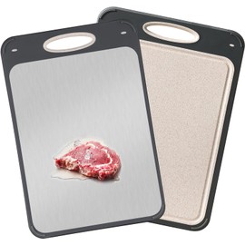 Double-Sided Cutting Board, 35.5×24.4 cm, Stainless Steel and Wheat Straw PP, Kitchen Chopping Board with Handle
