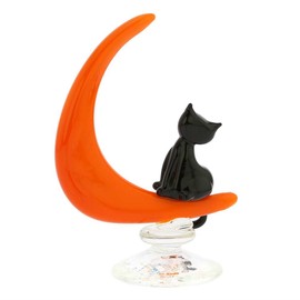 Glass Of Venice Murano Glass Cat On The Moon Statue 5” Handmade Italian Black Kitten Figurine Sculpture